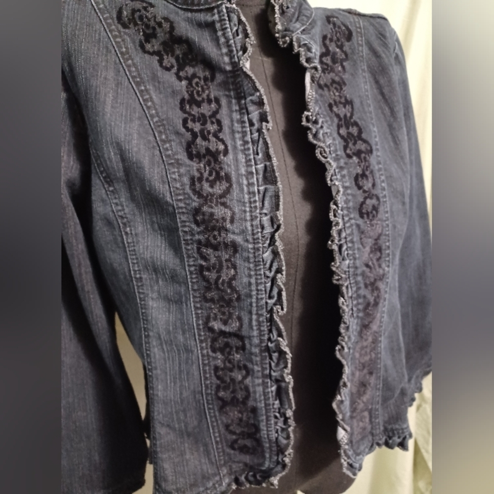Petite Sophisticate Blue Denim Ruffle-Trim Jean Jacket Velvet Detail Design - Picture 4 of 14